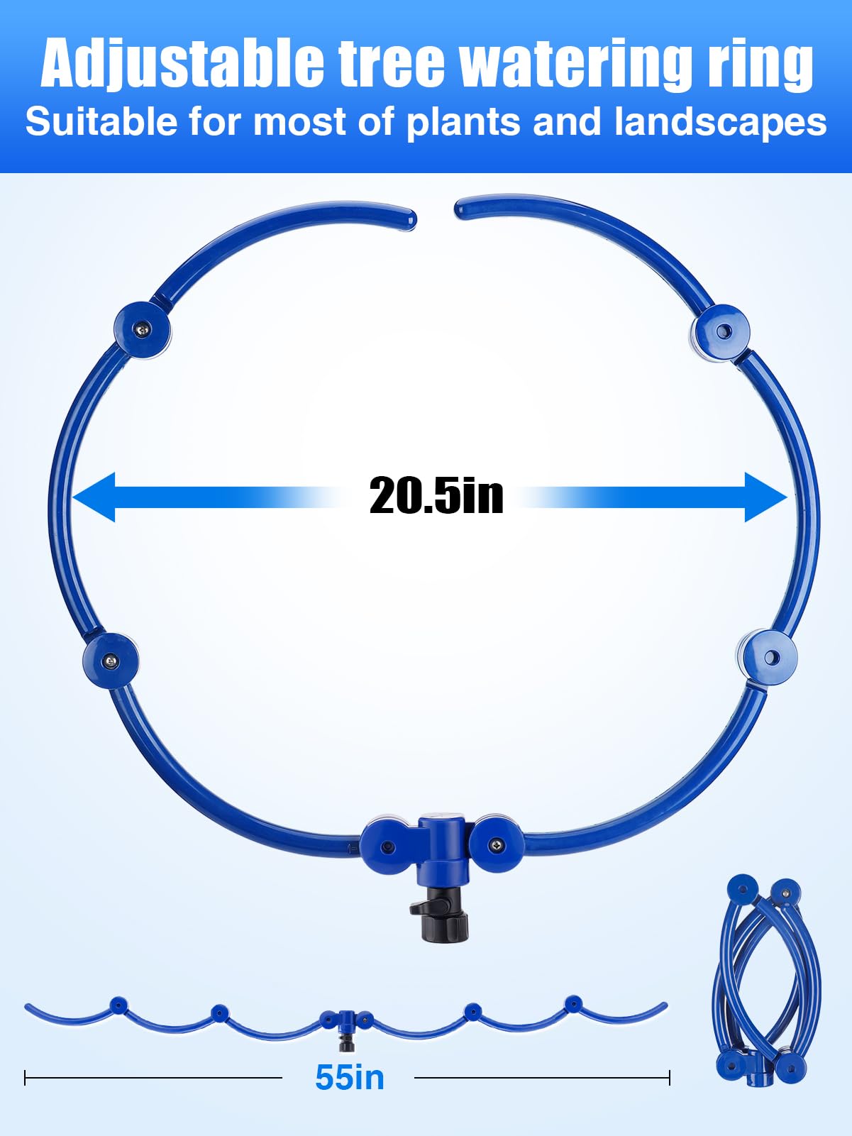 Aspersor de agua de árbol de 360°, anillo de riego ajustable de 55 pulgadas con separadores de manguera en Y, sistema de riego circular de raíces de árbol, fácil de usar para árboles nuevos al aire