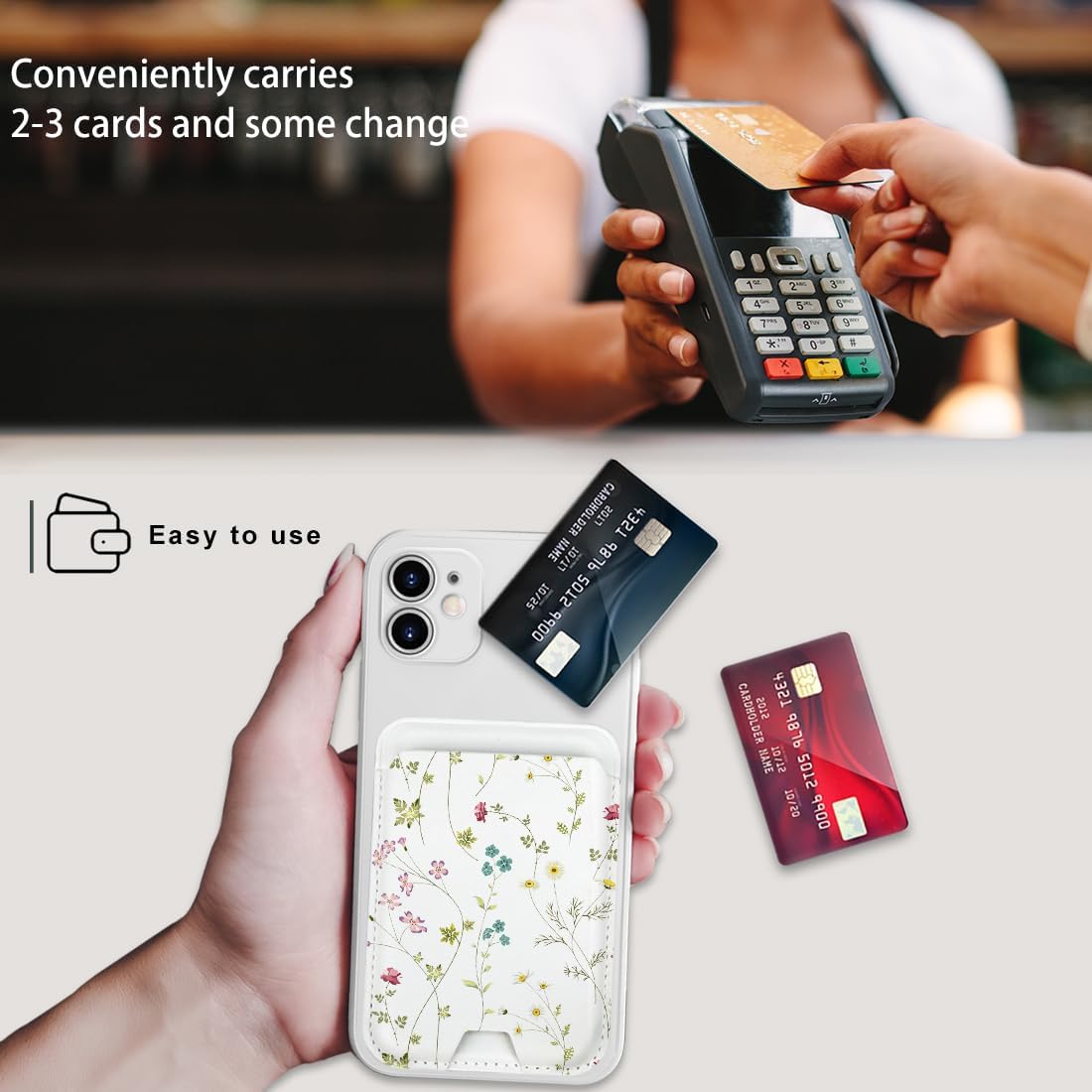 for Magsafe Wallet, Magnetic Wallet Card Holder for iPhone 17/Air/16/16e/15/14/13/12 Pro/Max/Plus/Mini Case, Strong Magnet Phone Pocket Cute Design Credit Card Fit 3 Cards(Green Flowers) - Image 3