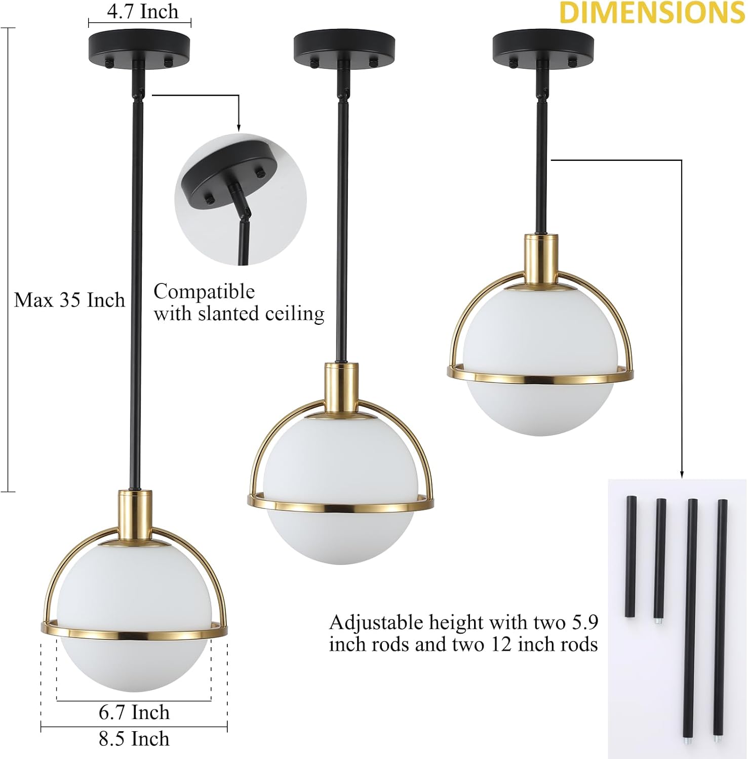 2 Pack Modern Mid Century Globe Pendant Lights,Brass Gold and Black Kitchen Island Pendant Lighting with Milk White Glass Shade,Hanging Pendant Light Fixtures for Living Room Bedroom