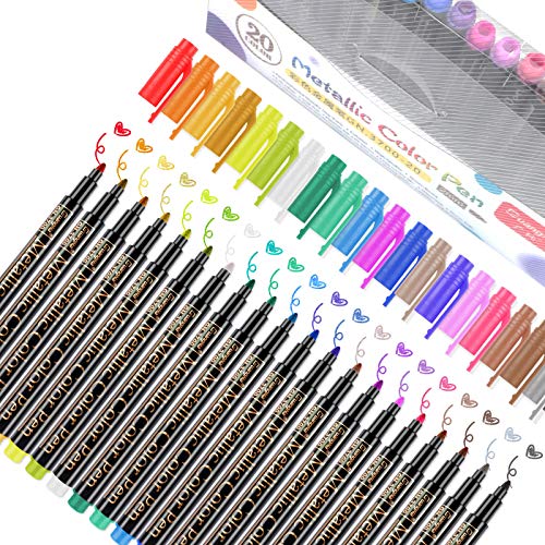 Emooqi Marqueurs Métalliques, 20 PCS Brillantes Stylos marqueurs métalliques pour Bricolage Artisanat d'art, Peinture rupestre, Métalliques Feutre Stylos pour la céramique- Pointe Moyenne (2mm)
