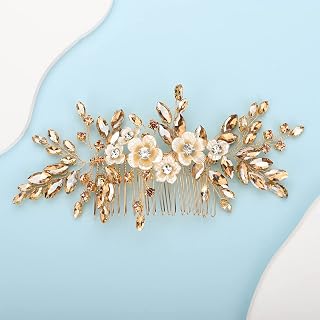 Bridal White Flower Champagne Gold Crystal Rhinestone Hair Comb for Bride Bridesmaid Sliding side Headpieces Wedding Hair Accessories for Women and Girls (Champagne gold)