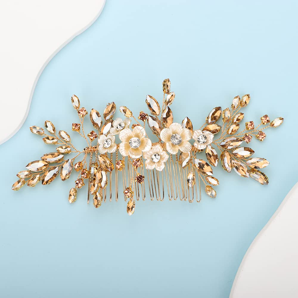 Bridal White Flower Champagne Gold Crystal Rhinestone Hair Comb for Bride Bridesmaid Sliding side Headpieces Wedding Hair Accessories for Women and Girls (Champagne gold)