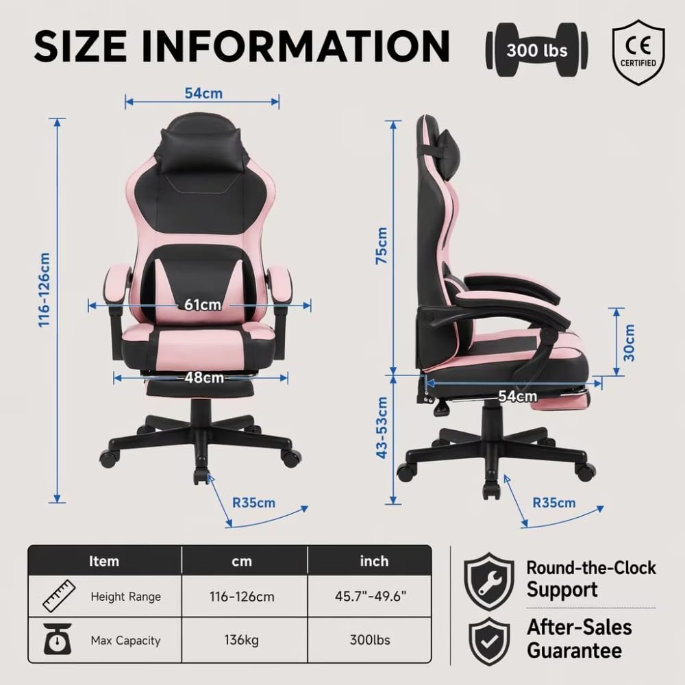 I0I&I0I Ergonomischer Gaming Stuhl Mit Fußstütze Und Lendenkissen Für Home Office Komfortable Rückenstütze (Baby Pink + PVC)