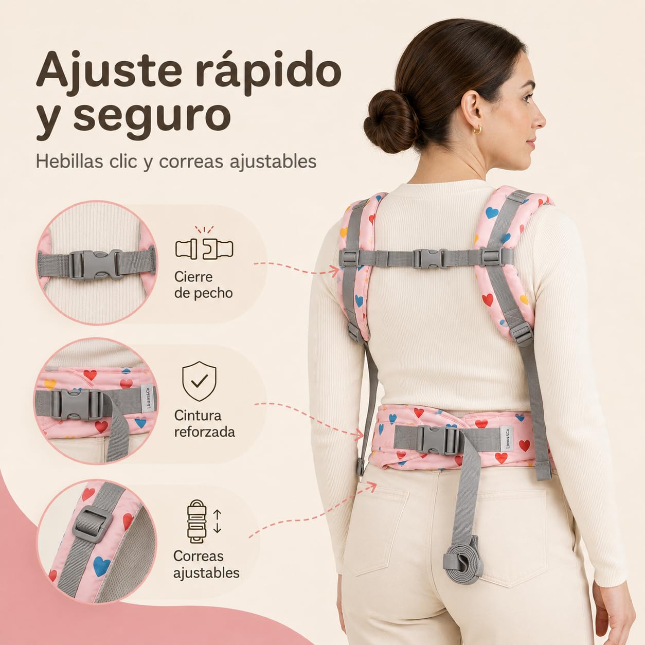 Linares&Co Mochila Portabebés Ergonómica 3-20 kg, Mochila de Porteo Bebé Ligera y Transpirable, Postura en M, Hebillas Clic, Lavable, Color Rosa