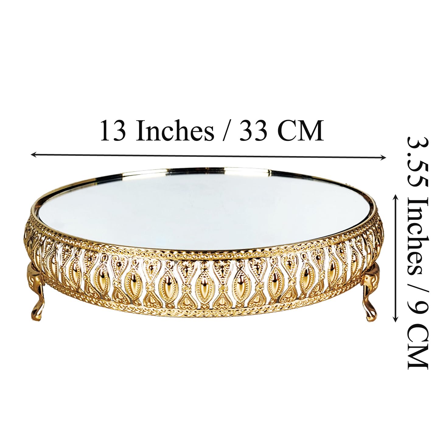 13 Inches 32.5 cm Gold Round Mirror Cake Stand Cupcake Stands Metal Pedestal Holder with Crystals, Party Dessert Cheese Display Plate for Wedding Party Birthday Baby Shower Celebration Home Decoration