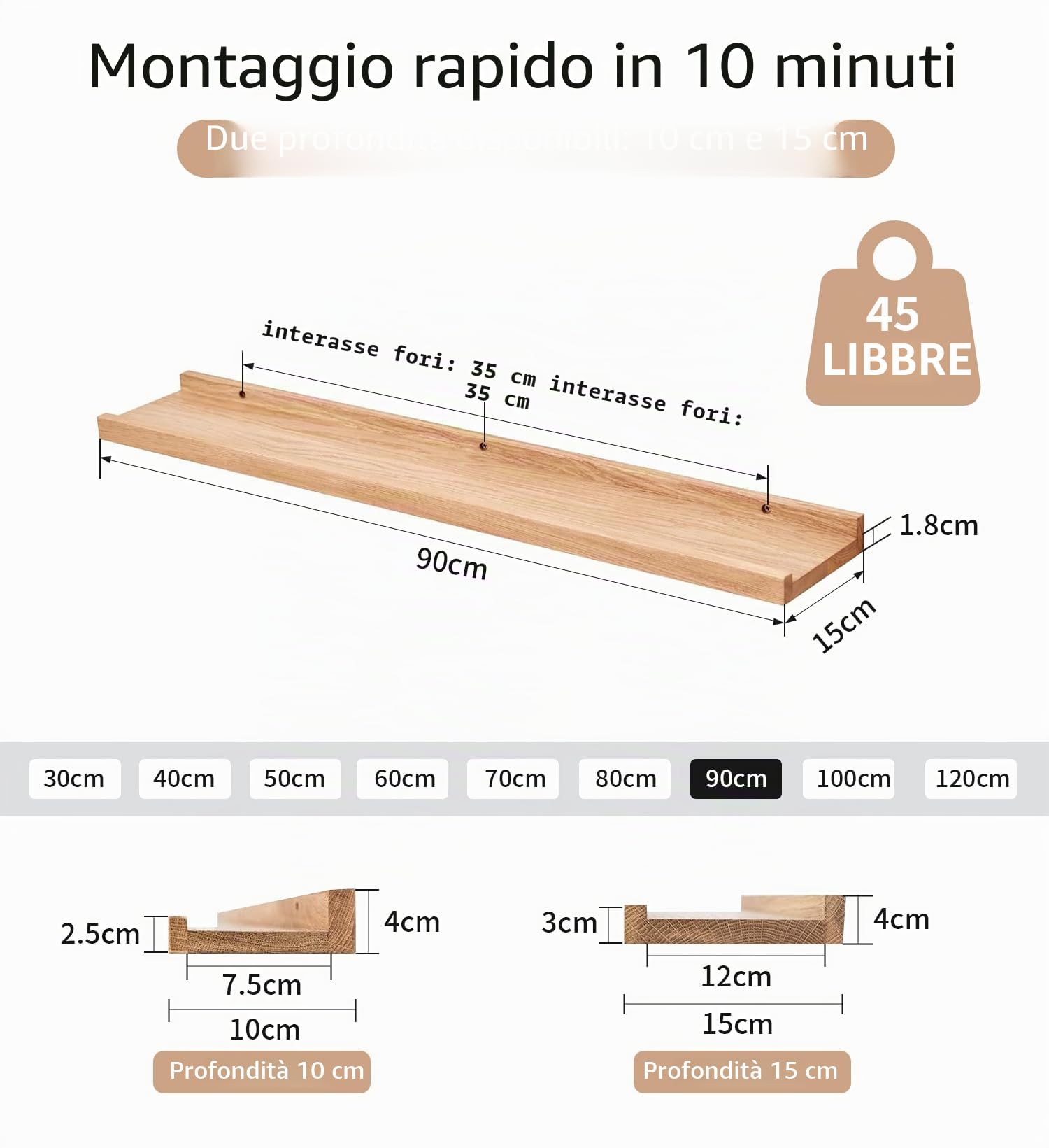 Mensola sospesa in legno di rovere massello, mensola in legno da parete da 90 cm, portaspezie con design con sporgenza, per soggiorno, cucina, camera da letto, bagno