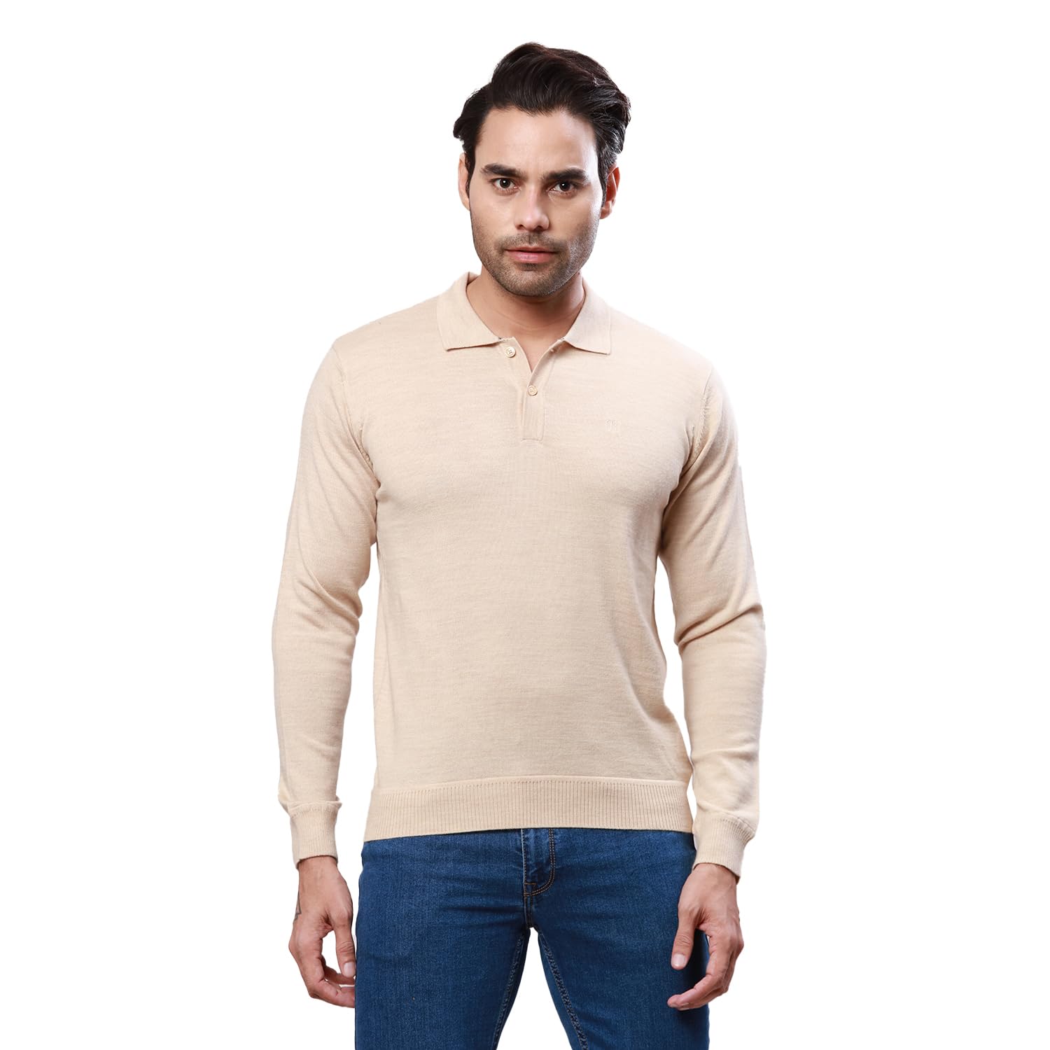 raymond Men's Contemporary Fit Acrylic Wool Blend Full Sleeve Regular Collar Solid Pattern Light Fawn Casual Sweater-picture-22