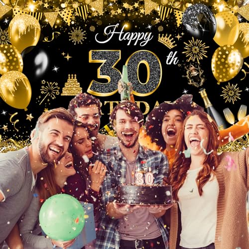 Image of Avezano Happy 30th Birthday Banner for Men Black and Gold Glitter Balloon 30 Birthday Party Backdrop 30 Year Old Bday Photo Backdrop Party Supplies 70.8 x 43.3 Inch