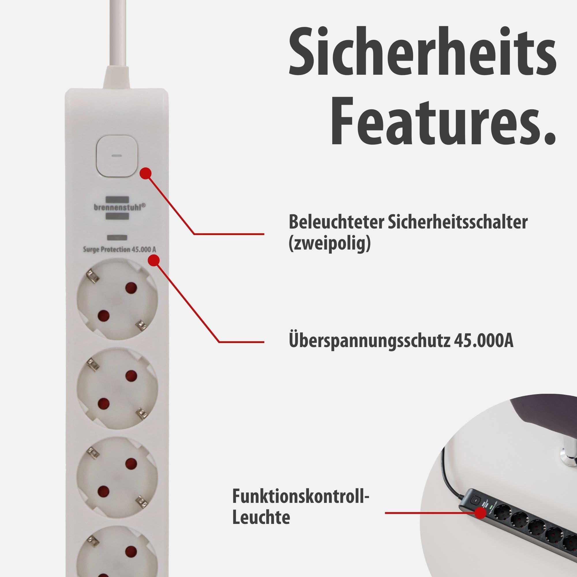 Brennenstuhl Ciabatta elettrica a 6 prese con USB e protezione da sovratensioni (presa multipla con 2 prese USB C PD 36 W per ricarica rapida e 1 USB A 36 W, interruttore, cavo da 2 m) nero (bianco)