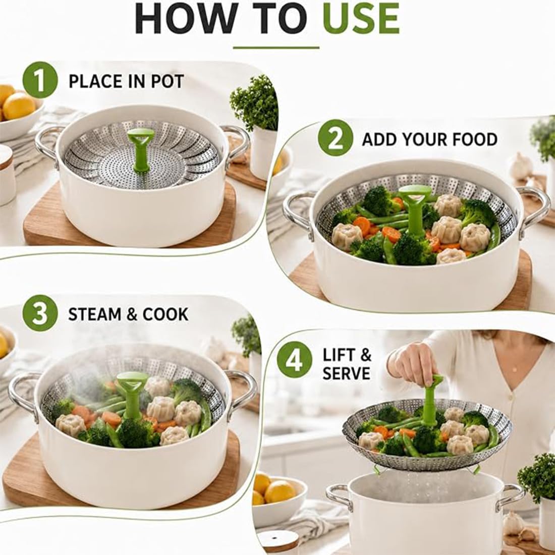 Cesta Vaporera Extensible De Acero Inoxidable Para Verduras