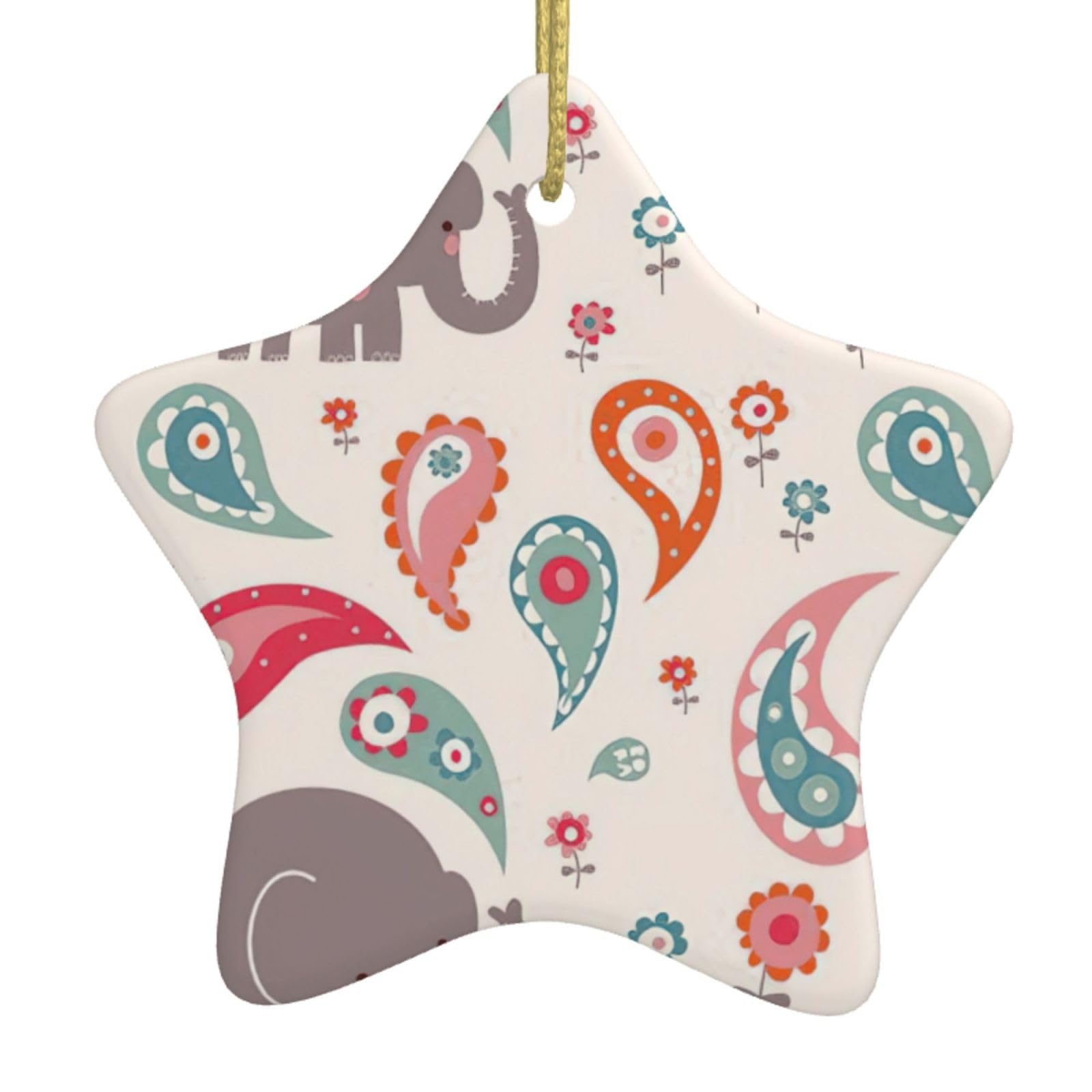 Elephants Print Christmas Ornaments, Ceramic Hanging Ornament, Round Shape Decorations