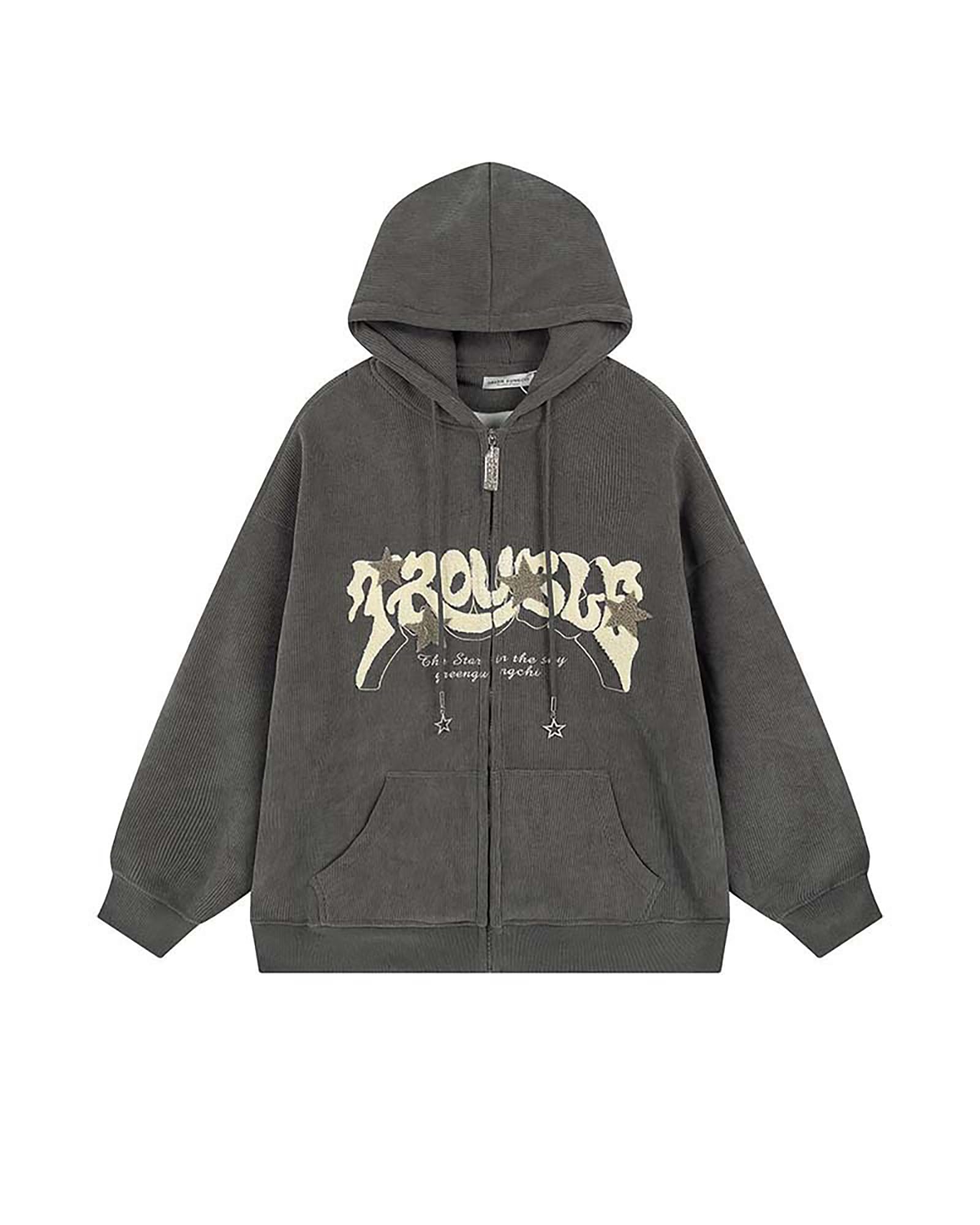 Y2K Zip Up Hoodie Letter Print Star Graphic Grunge Hooded Corduroy Sweatshirt Jacket Oversized Retro Y2k Clothing