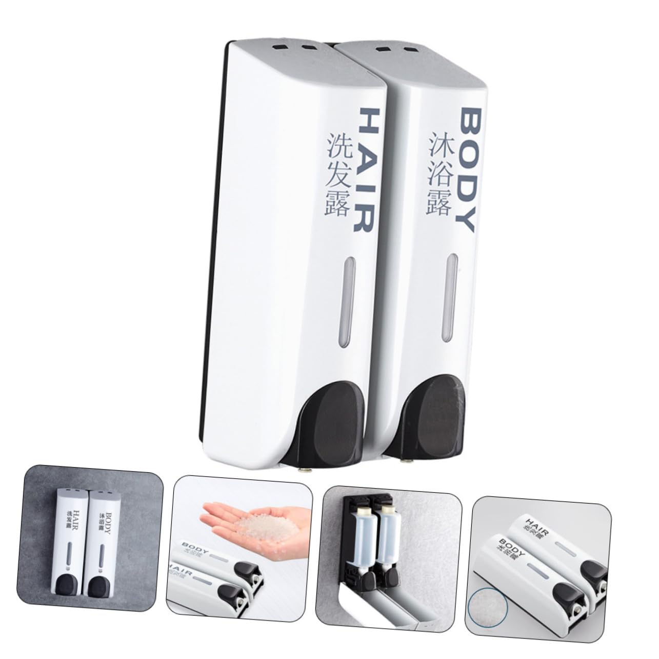 Dispensador De Champú y Jabón De Pared Recargable Doble Cabeza, Plástico Blanco, Botón De Presión Ergonómico, para Baño y Cocina, Sin Taladro, 1 Unidad