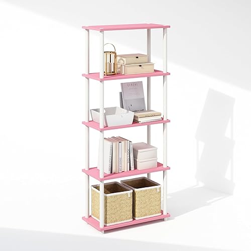 Furinno Turn-N-Tube Book Shelf, 5-Tier Bookshelf, Bookcase with Multipurpose Compact Display Rack, 11.6 x 23.6 x 57.4, for Living Room, Bedroom, Home Office, Pink/White - Pink/White - 5-Tier Round Tube