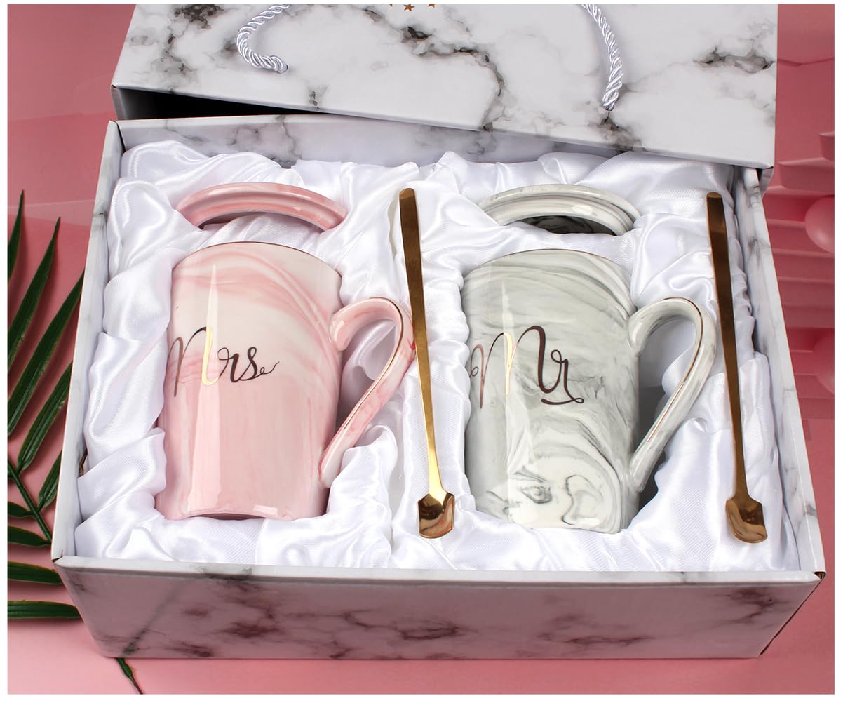 Hylruu New Mr&Mrs Coffee Cups Set, Gifts For Couple Engagement Bridal Shower Bride And Groom Anniversary 14 Oz Ceramic Marble Cup With Gold Pattern (Mr & Mrs)
