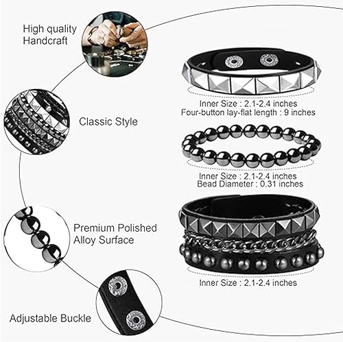 Miniatura 2 de 3-Piece Punk Rock Leather Bracelet Set for Men & Women Adjustable, Vintage 80s 90s Retro Gothic Jewelry, Rocker Accessories