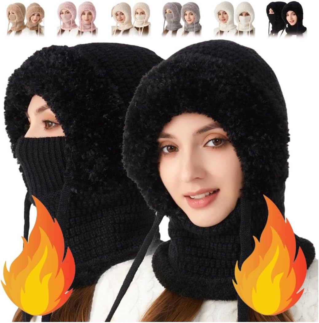 3 in 1 Beanie Hat with Scarf and Mask, Womens Knit Beanie Hat, Knitted Ski Scarf and Mask Set, Balaclava Hats