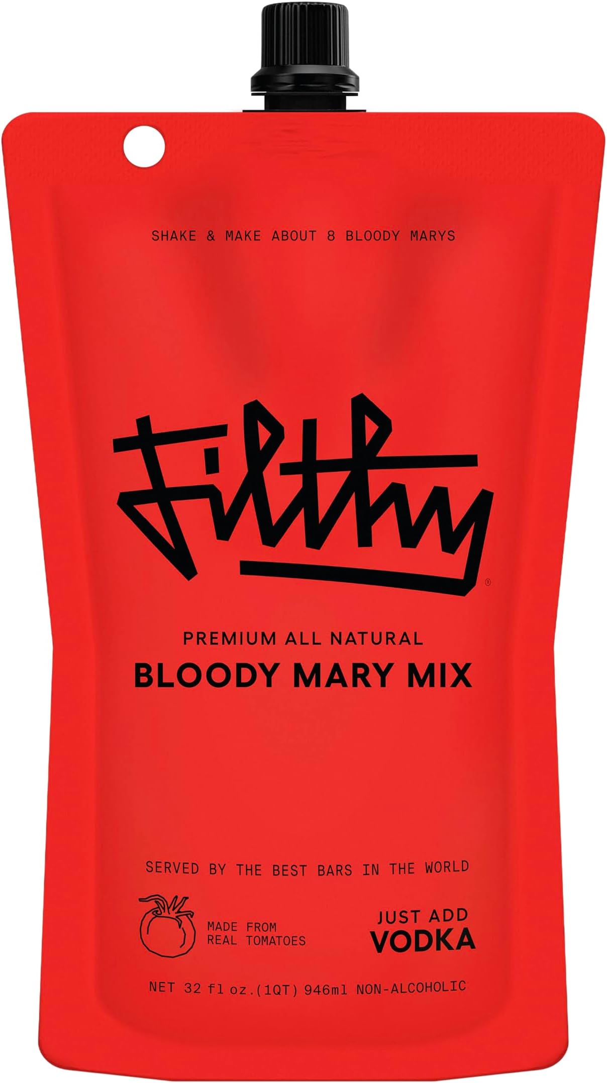 Filthy Bloody Mary Mix, Premium Cocktail Mixer, All-Natural, Travel Friendly for Vacation, Brunch, Home Bars and Hosting, Made From Real Tomatoes, 32 Oz Pouch