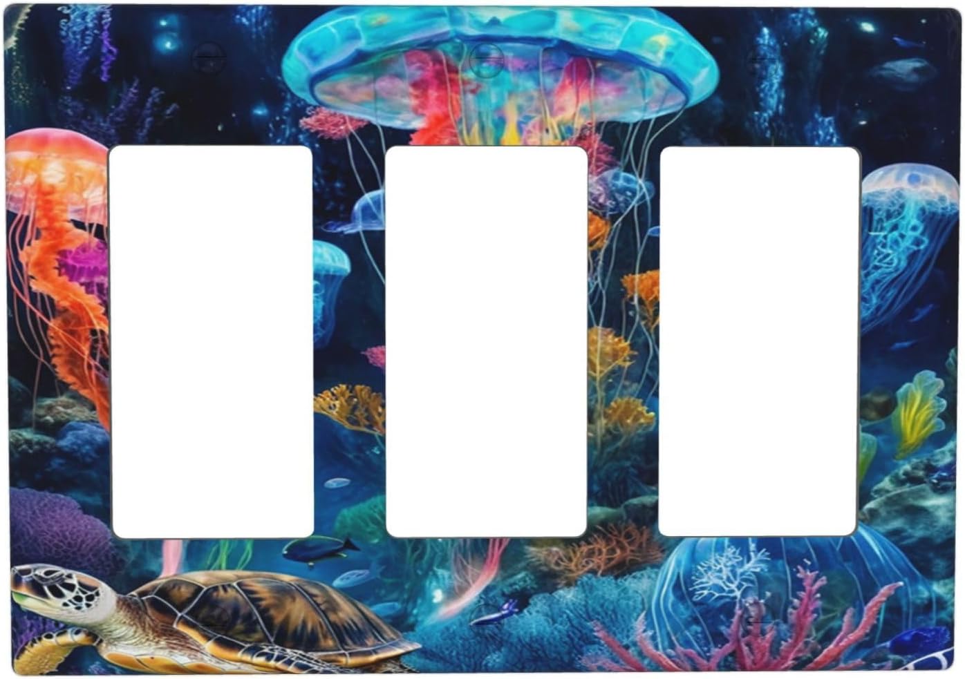 Light Switch Cover Plate Blacklight Jellyfish Sea Turtle Fantasy Ocean 3 Gang Wall Plate Triple Rocker Switch Plate Cover GFCI Outlet Covers Decorative Receptacle for Bathroom Home Decor