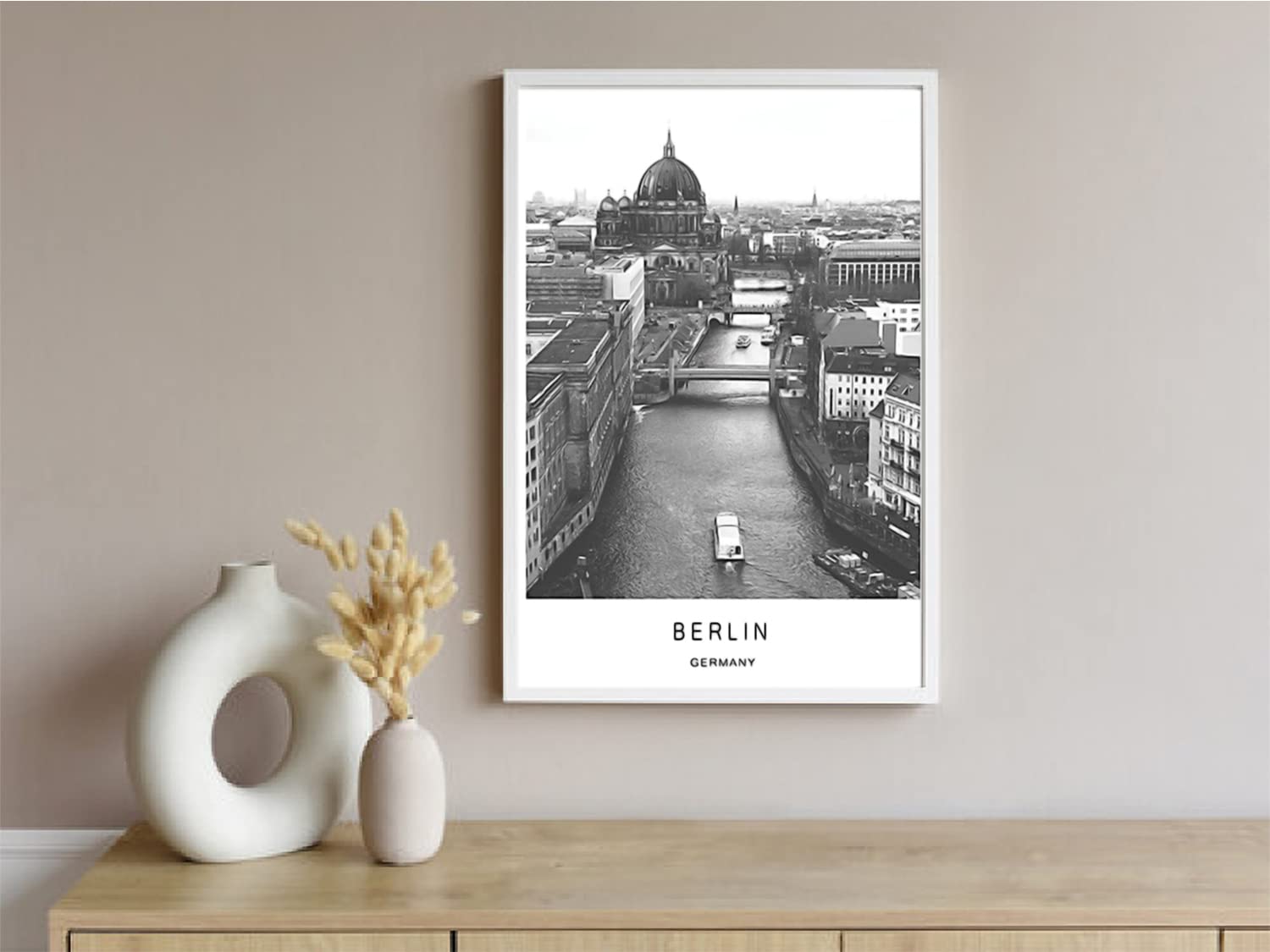Xtreme Skins Designs Print White Wood Floater Framed Canvas Wall Art Decoration Poster (10x14 Inch) - Iconic Cities And Landmarks In Noir Canvas Berlin