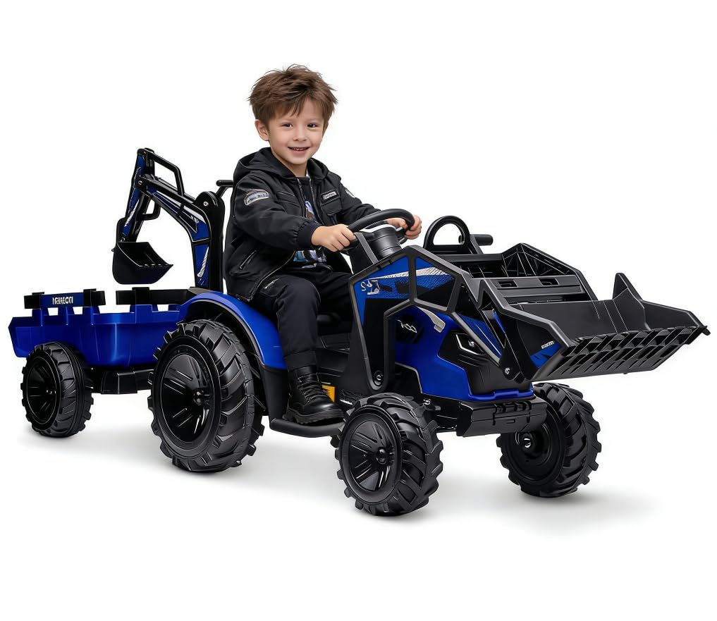 3-in-1 24V Kids Ride On Tractor with Excavator & Bulldozer Functions – Electric Vehicle Includes Trailer, Digger, Shovel Bucket, Remote Control, LED Lights, Music, Battery-Powered Ride-on car Toy