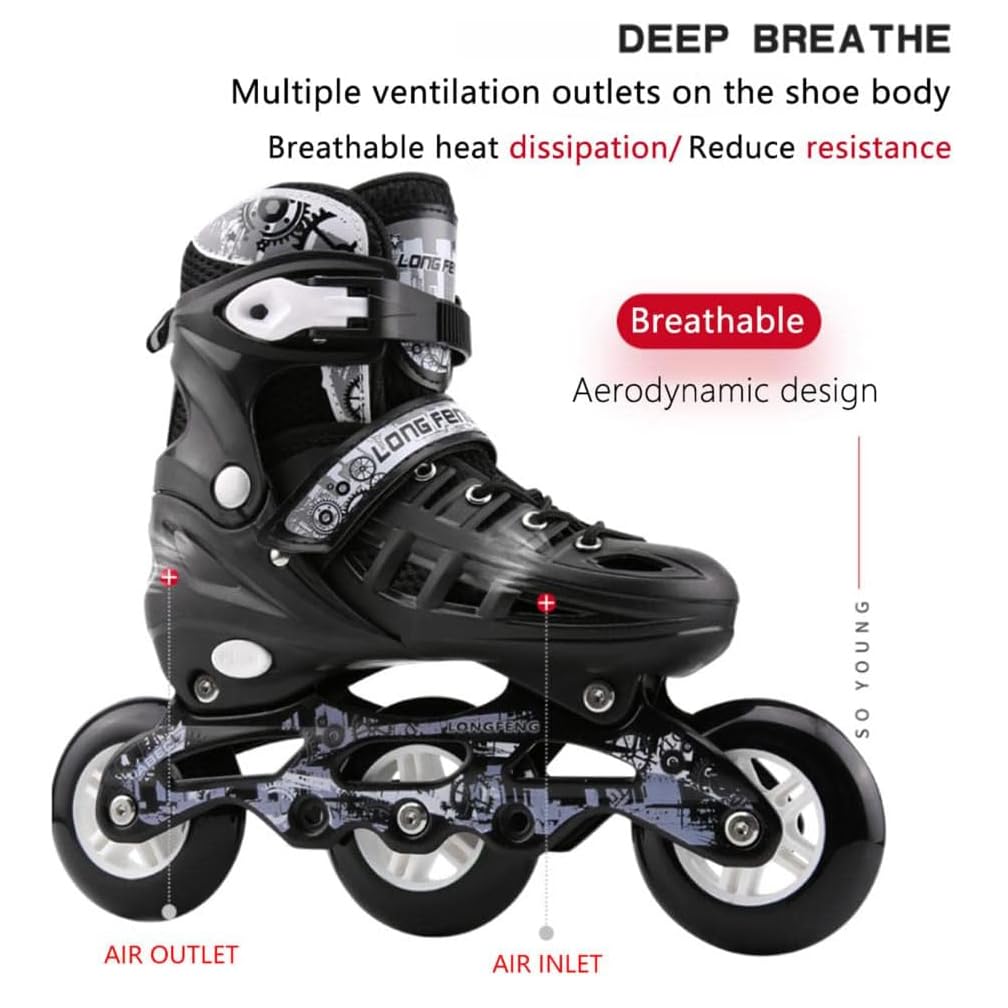 Patins à Roulettes 3 Roues 110mm – Adulte, Course Vitesse, Noir, Taille 38, Roulements ABEC-7