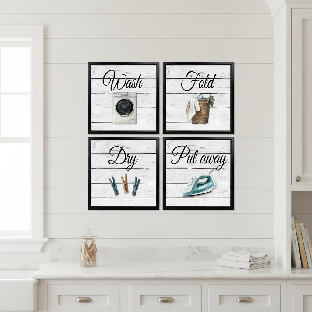 DuoBaorom Laundry Room Wall Decor Wash Dry Fold Put Away Signs Picture 4 Pieces Frame Wall Art