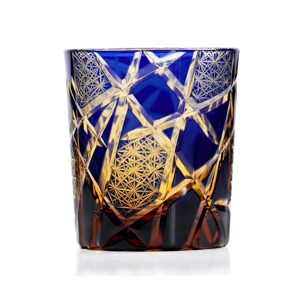 JINZHI Edo Kiriko Old Fashioned Glasses Crystal Whiskey Glasses Cobalt Blue 9 OZ Wine Glass With Gift Box for Whiskey Scotch Bourbon Cocktail And Juice Drink, JO-030701