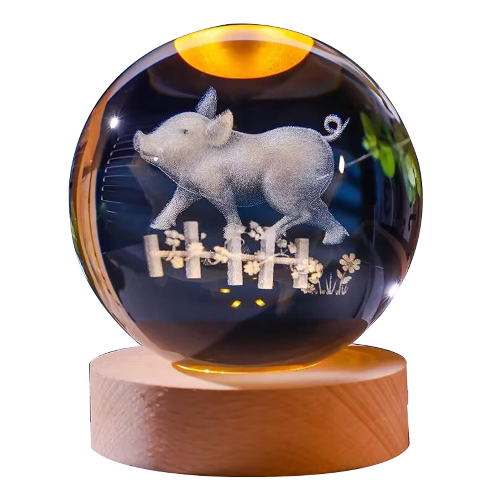 WXMYOZR Chinese Zodiac 80mm 3D Crystal Ball with Wooden Lighting Base Feng Shui Glass Sphere Chinese New Year Gift,Pig