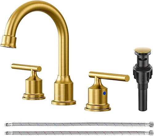 Miniatura 1 de WOWOW Grifo de baño dorado de 3 agujeros, grifo de lavabo de baño generalizado, grifo de lavabo de 2 manijas de latón con drenaje emergente, grifo