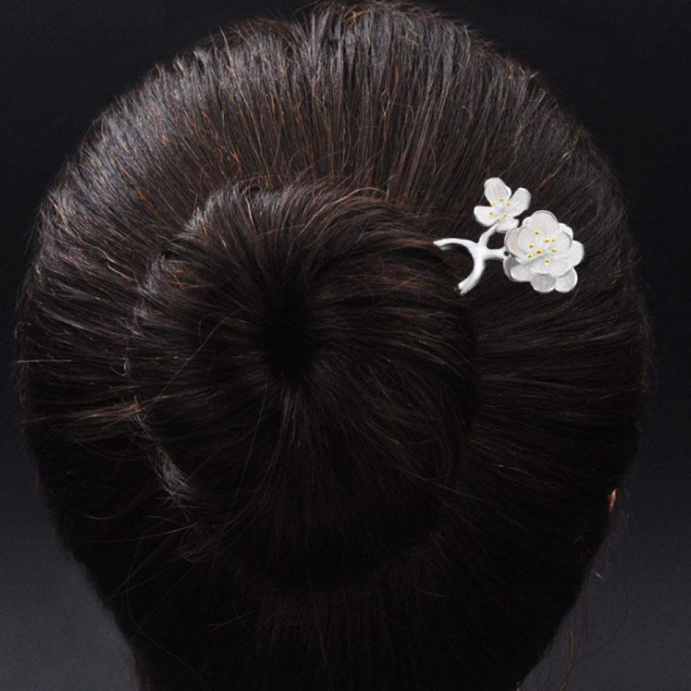 Gioielli per Capelli Cinesi, Bacchette for Capelli retrò a Forma di U in Argento 925 for Donna, 2 forcine for Capelli con Fiori di pesco, Perle Etniche, 2 Punte for Chignon.