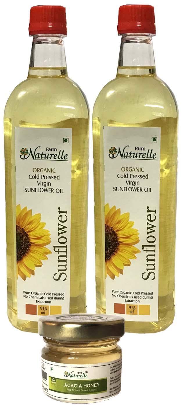 Farm Naturelle Organic Virgin Cold Pressed Golden Sunflower Cooking Oil,1Ltr(Pack of 2) with Free Lichi Raw Honey 55gm
