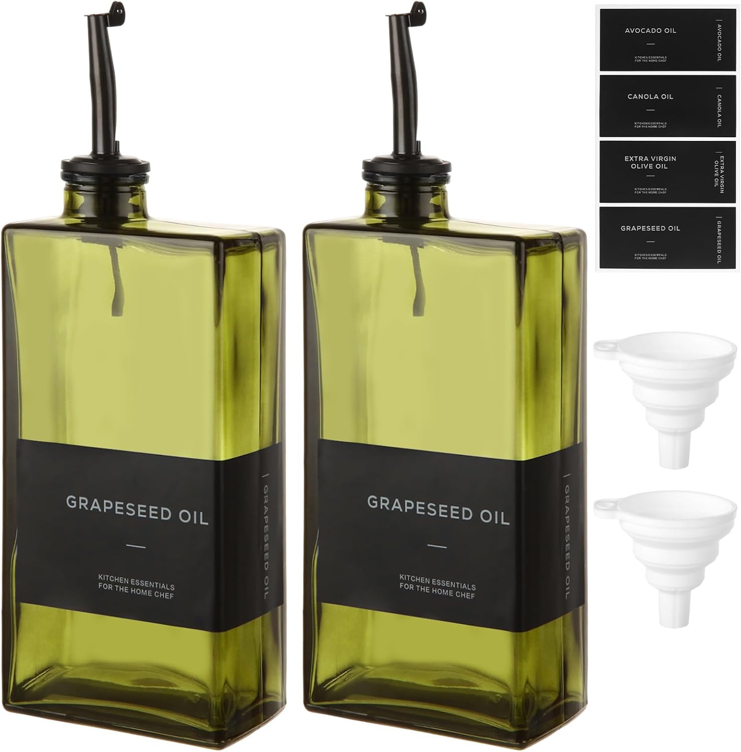 ASelected 2 Set Olive Oil Dispenser Bottle for Kitchen Countertop, 17oz Square Glass Oil and Vinegar Dispenser Set with Labels, Cooking Oil Dispenser for Olive Oil, Soy Sauce, Syrup, Dark Green