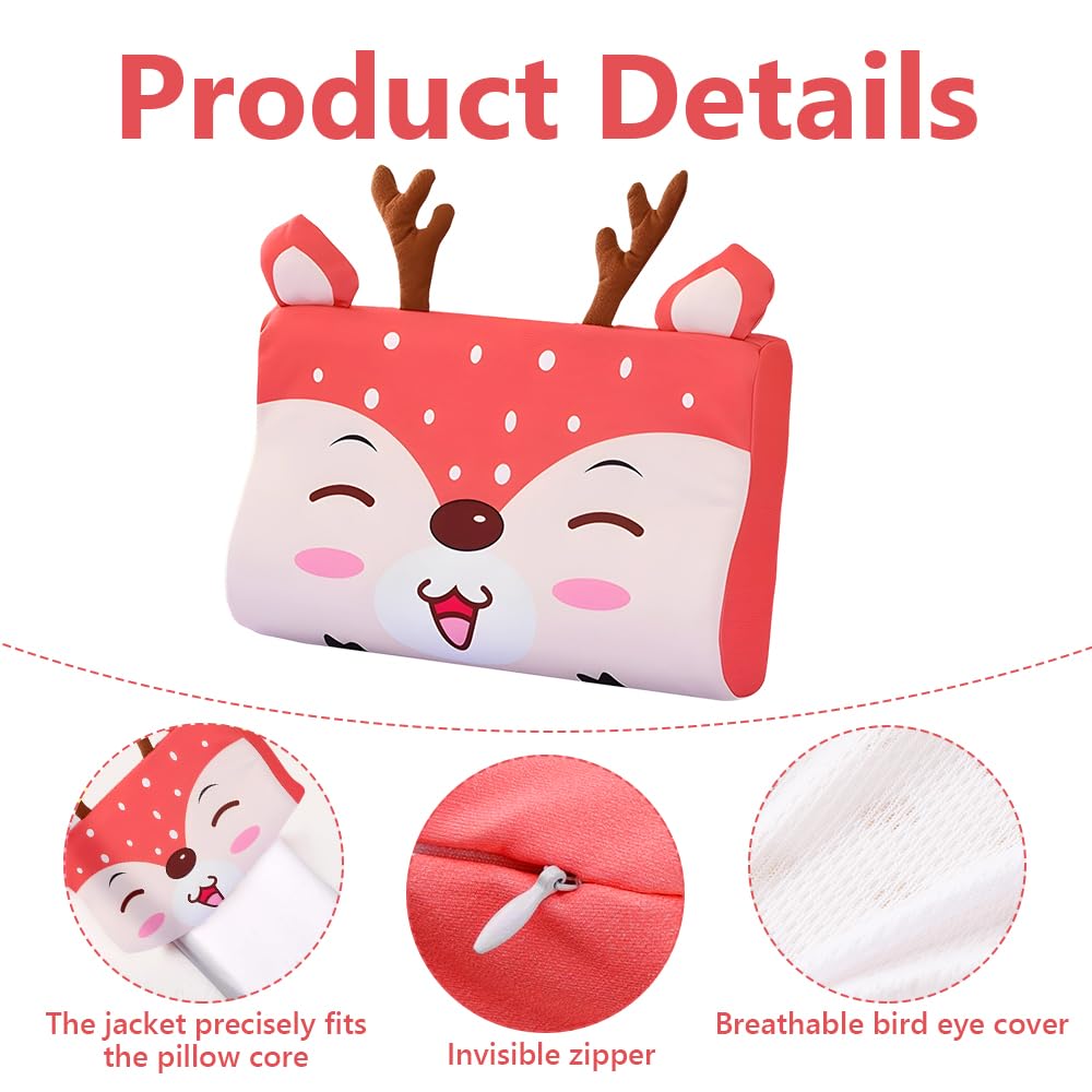 Almohada para Niños, 46 x 26cm Almohada para Bebe con Funda de Almohada, Suave y Transpirable para un Sueño Seguro, Espuma Viscoelástica, para Niños Mayores de 2 Años (Ciervo)