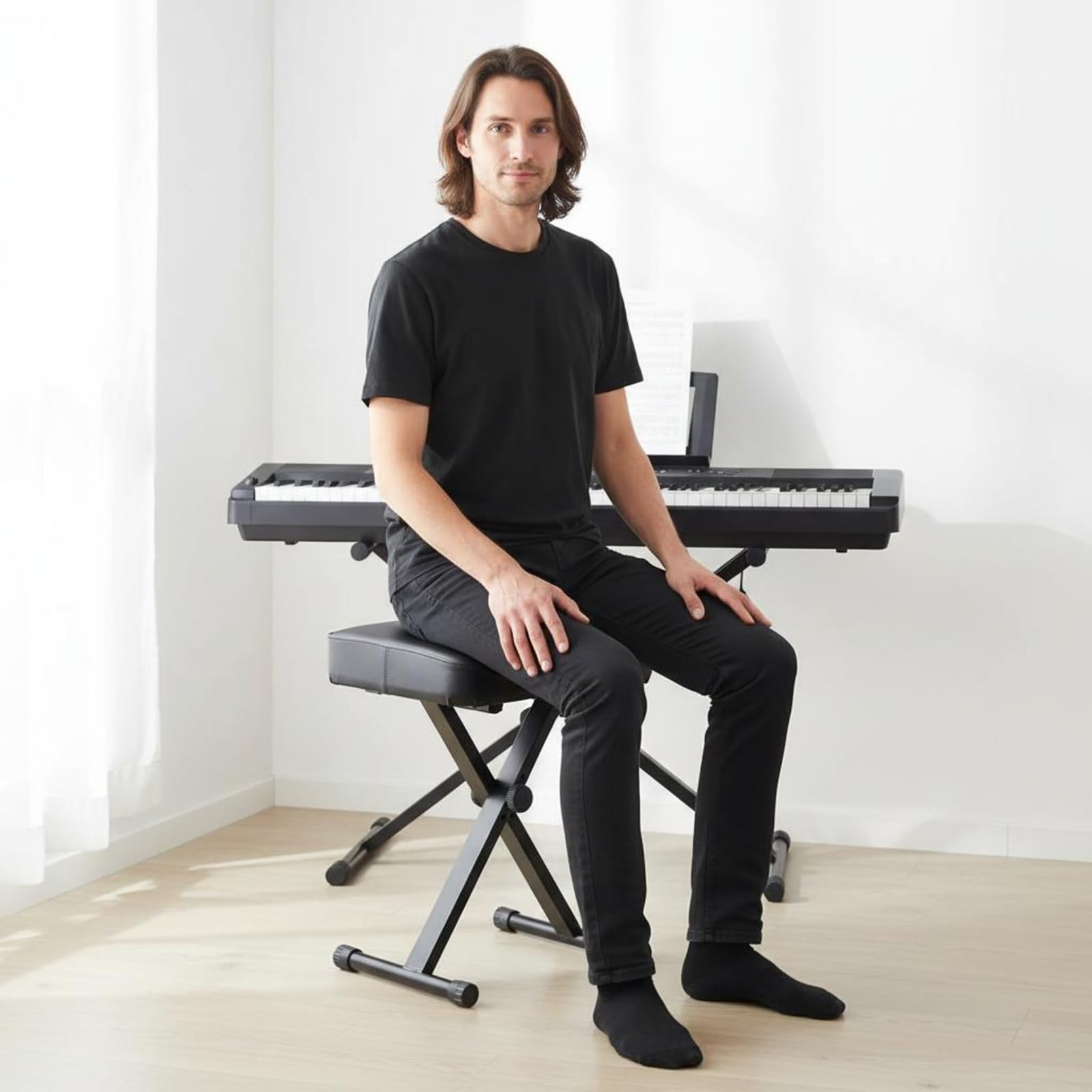 Höhenverstellbare Adjustable Piano Bench Höhenverstellbar Faltbare Klavierbank Faltbar X-förmiger Klavierstuhl für Keyboardspieler, Proberaum, Schwarz