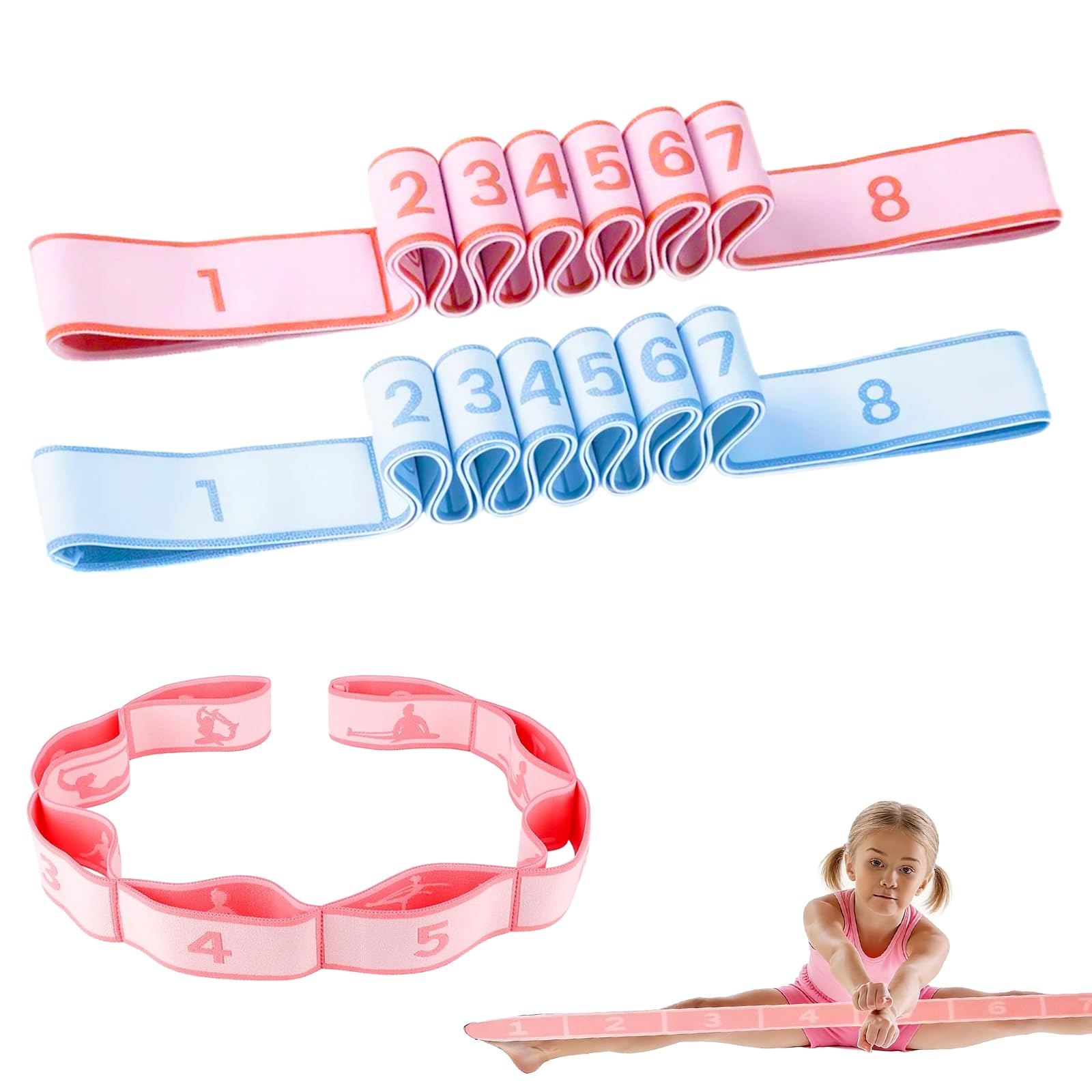 2Pcs Stretching Bands,Gymnastics Stretch Band,Yoga Straps with 8 Adjustable Loops for Flexible Stretch Resistance Bands,Leg Stretcher Strap Yoga Pull Strap Flexstrap for Pilates,Dance,Gymnastics