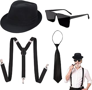 Gangster, Mafia Costume, Includes Hat, Tie, Sunglasses, Strap Clip and 20s Clothing Accessories, Perfect for Halloween Carnival Role Play