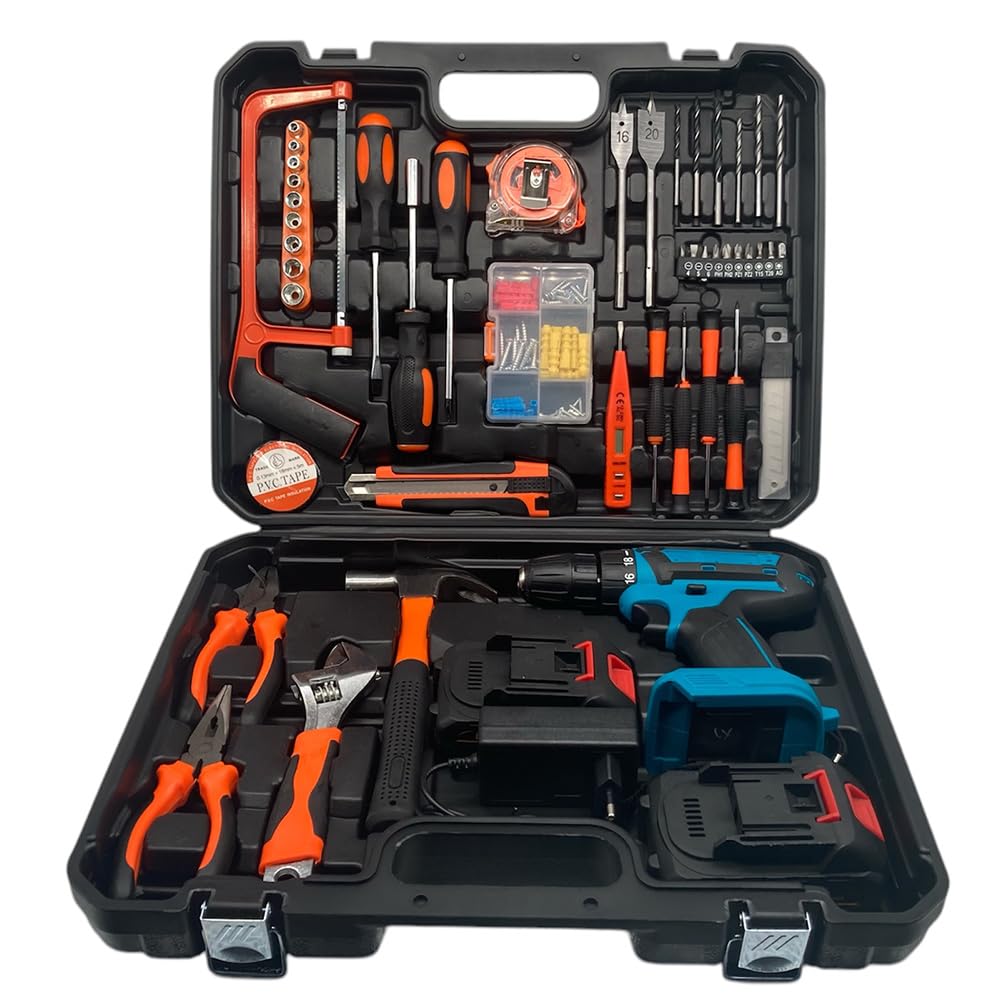 Kit Valigetta Attrezzi da 100 Pezzi con Trapano Avvitatore e Batterie da 88V con Martello Chiave Inglese Pinze e Seghetto