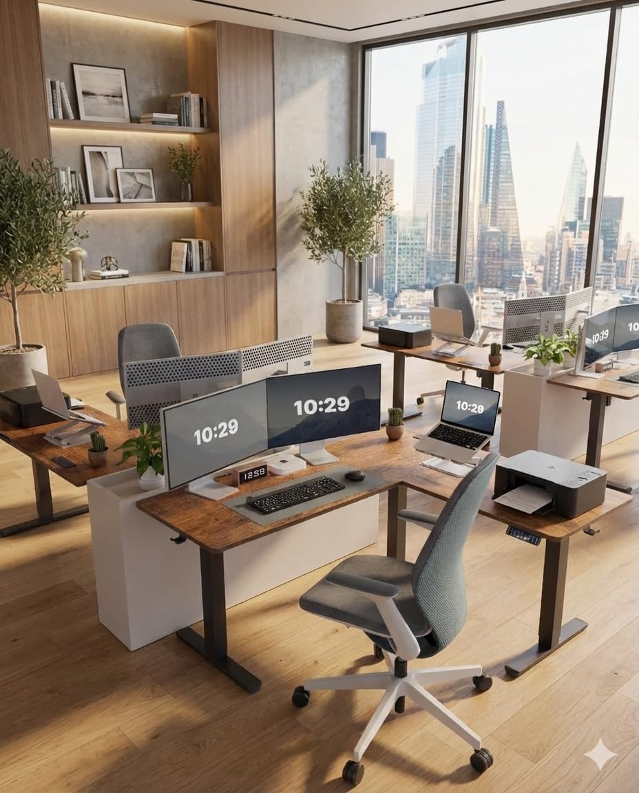 Marsail 63×55 in Electric Corner L-Shaped Standing Desk with 4-in 1 Electical Outlet, Computer Desk with Headphone Hook, Memory Sit Stand up Home Office Table, Ergonomic Gaming Table,Brown