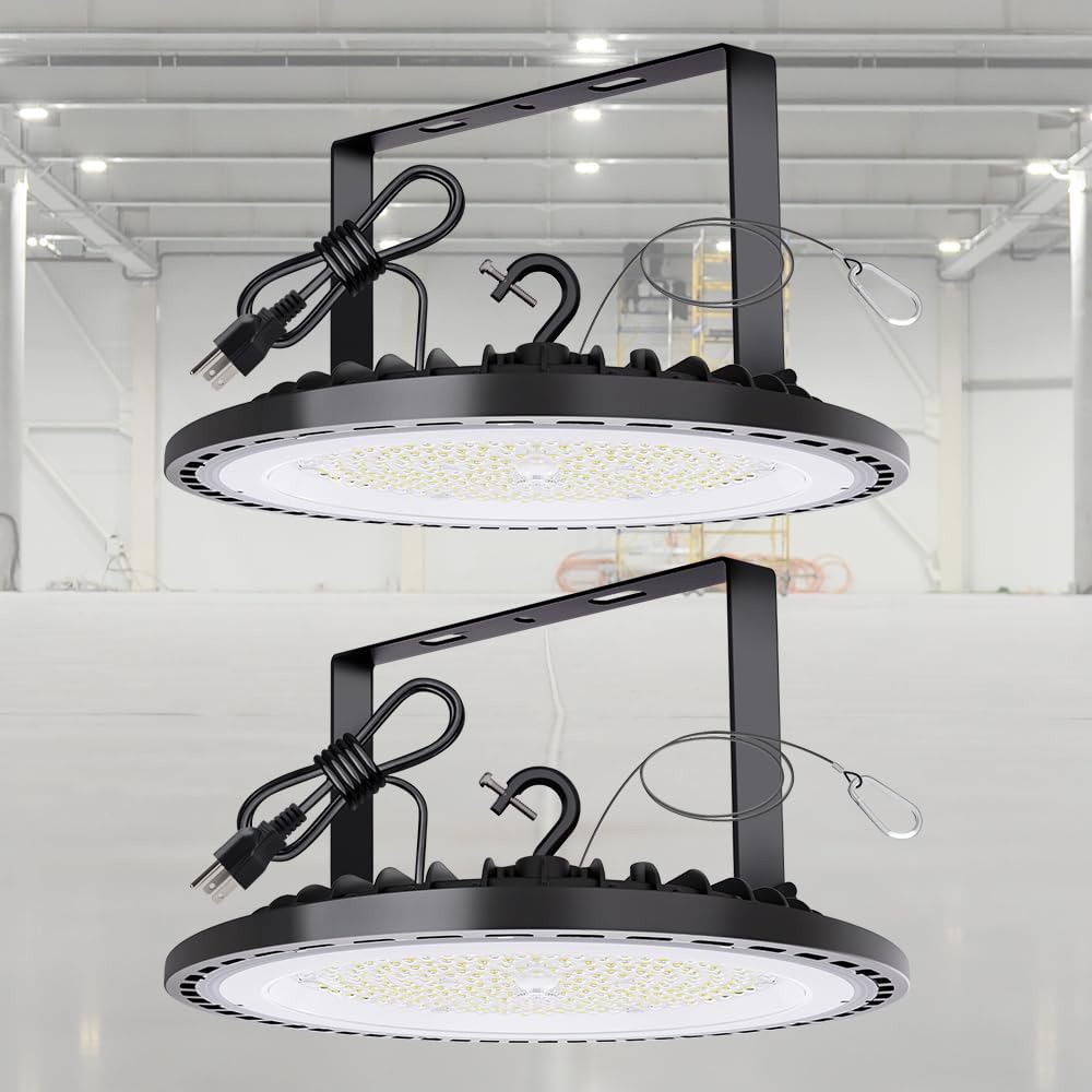 UFO LED High Bay Light 2Packs, 200W 28000LM (Eqv. to 800W HPS/MH), 6500K High Bay LED Shop Lights with US Plug 5ft Cable, LED Garage Lights for Warehouse Barn Shop Garage Factory