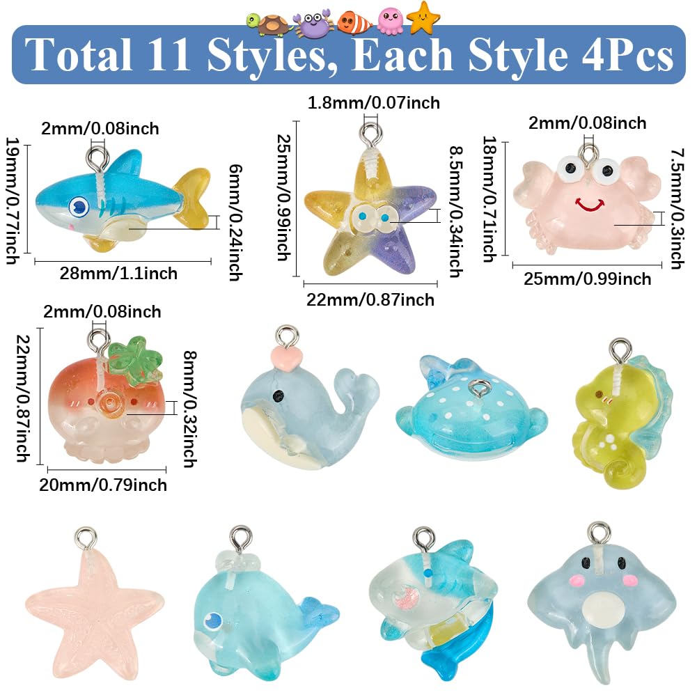 SUNNYCLUE 1 Box 44Pcs 11 Styles Resin Ocean Animal Charms Sea Animal Charms Bulk Fish Starfish Seahorse Crab Beach Summer Animals Charm for Jewellery Making Charms Diy Earrings Necklaces Bracelets - Image 2
