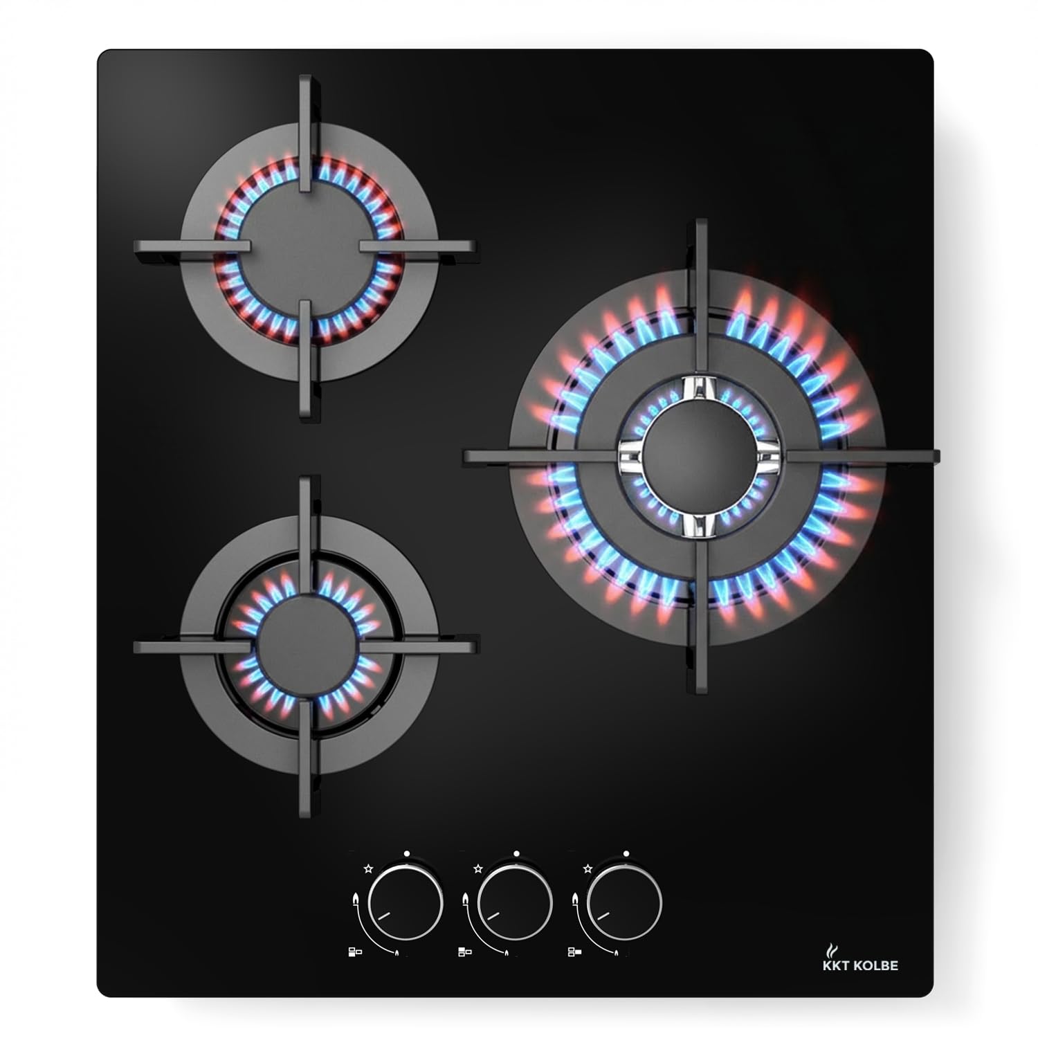 KKT KOLBE G453G Plaque de cuisson à gaz 45 cm, autonome, 6,2 kW, 3 feux, réglable en continu, zone wok, sans cadre, commande à bascule, support de casserole en fonte, verre, gaz propane, gaz naturel