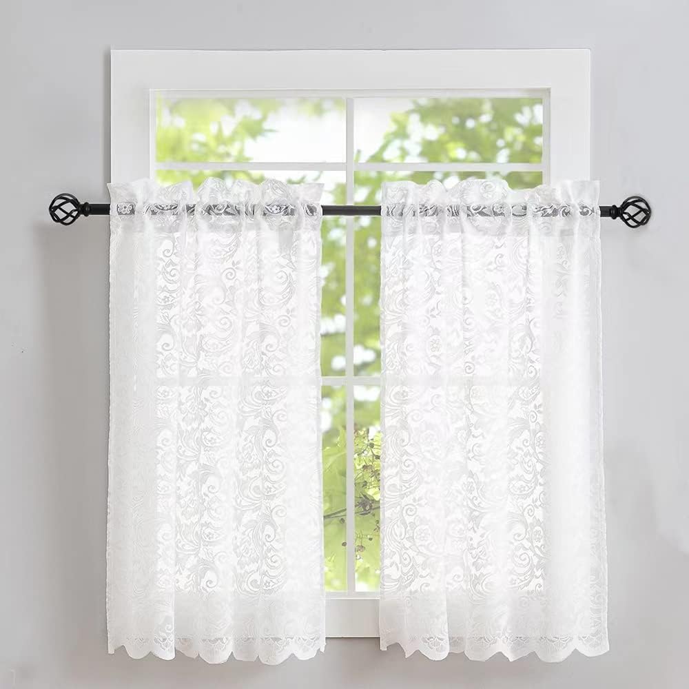 ALIGOGO Kitchen Window Curtains Over Sink - Lace Cafe 30 Inch Length Privacy Mini Bathroom Curtain for Small Windows - Scalloped White 26" x 30"