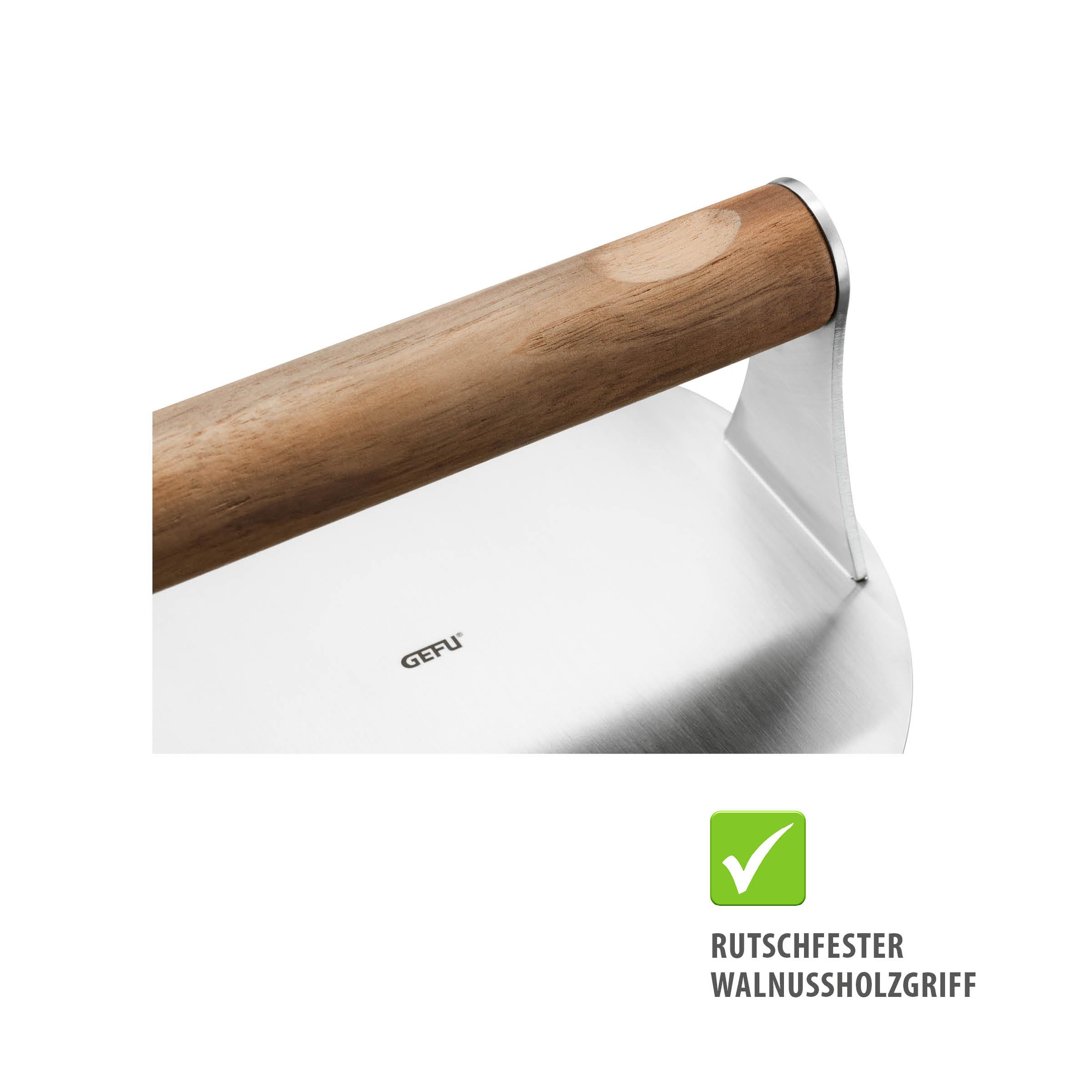 GEFU Pressa per hamburger BBQ – Smasher in acciaio inox con manico in legno di noce, per hamburger, bacon, bistecche e patate smashed