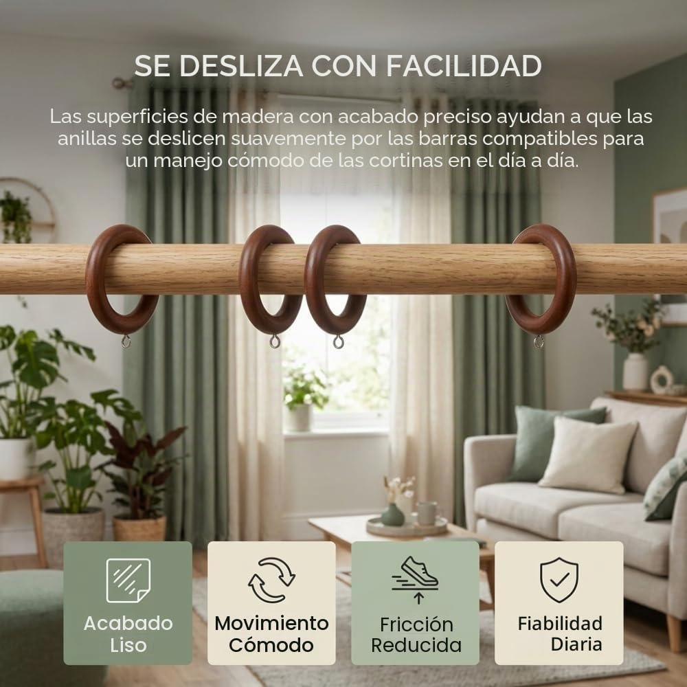 Ganchos de madera de 38 mm para colgar cortinas con ojos de roble natural, ojales deslizantes para barras de 35 mm, paquete de 24.