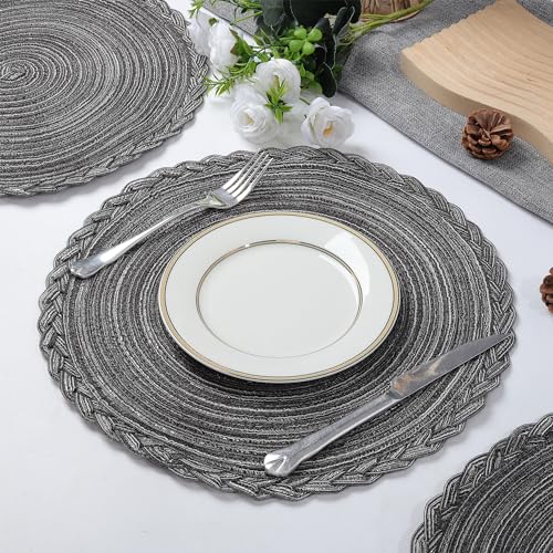 fanquare Modern Grey Placemats Set of 6, 38 cm Round Cotton Woven Stain Heat Resistant Placemats - Image 3