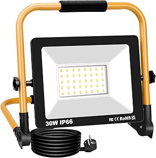 RIGIDON Foco de trabalho LED 30 W, 3000 LM portátil projetor LED, suporte dobrável, IP66 holofotes candeeiro de uso interno e exterior, para obras de construção, oficina, garagem, jardim, branco 6000 K