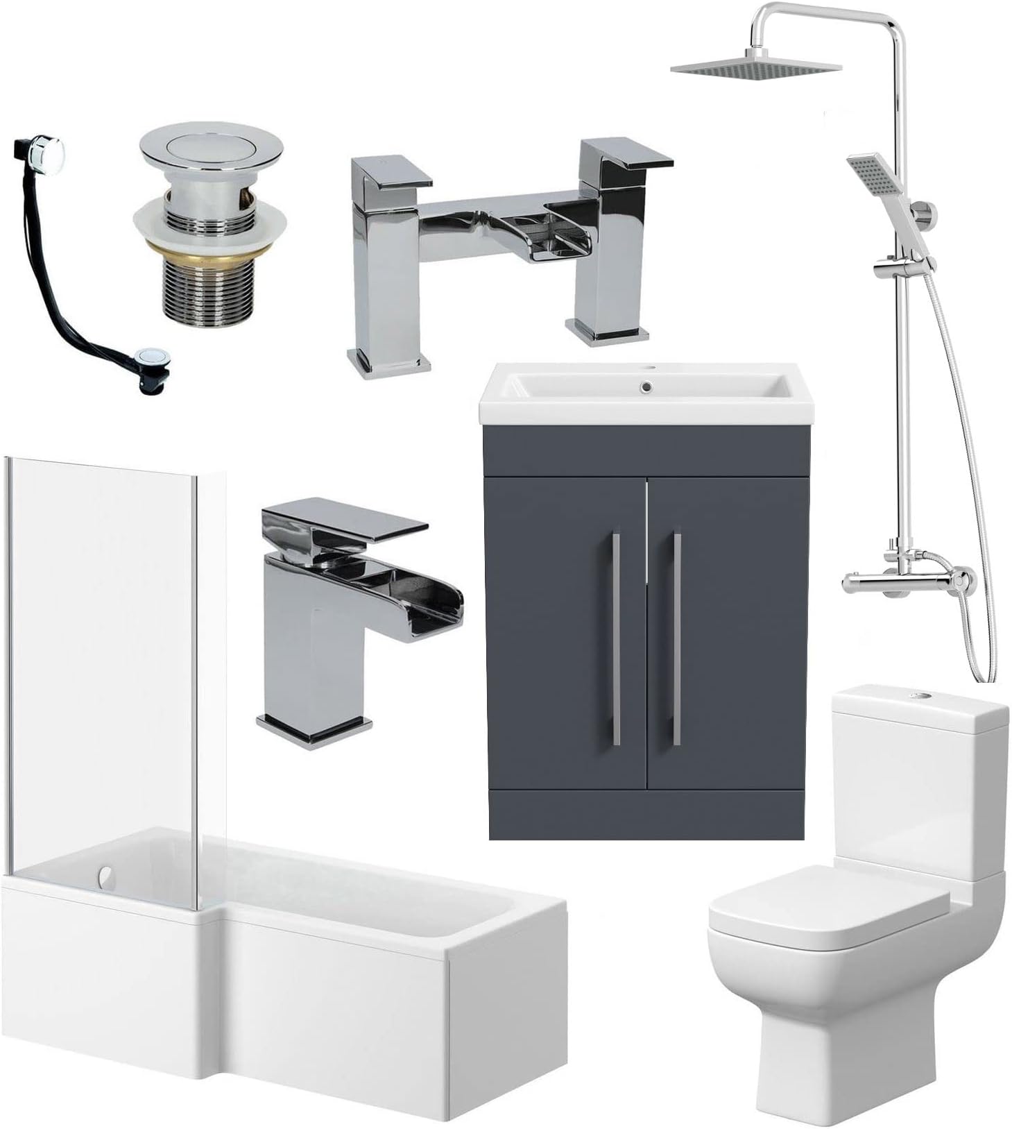 BAYSTONEComplete Bathroom Suite with L Shaped Bath and Grey Vanity Unit - Left Hand