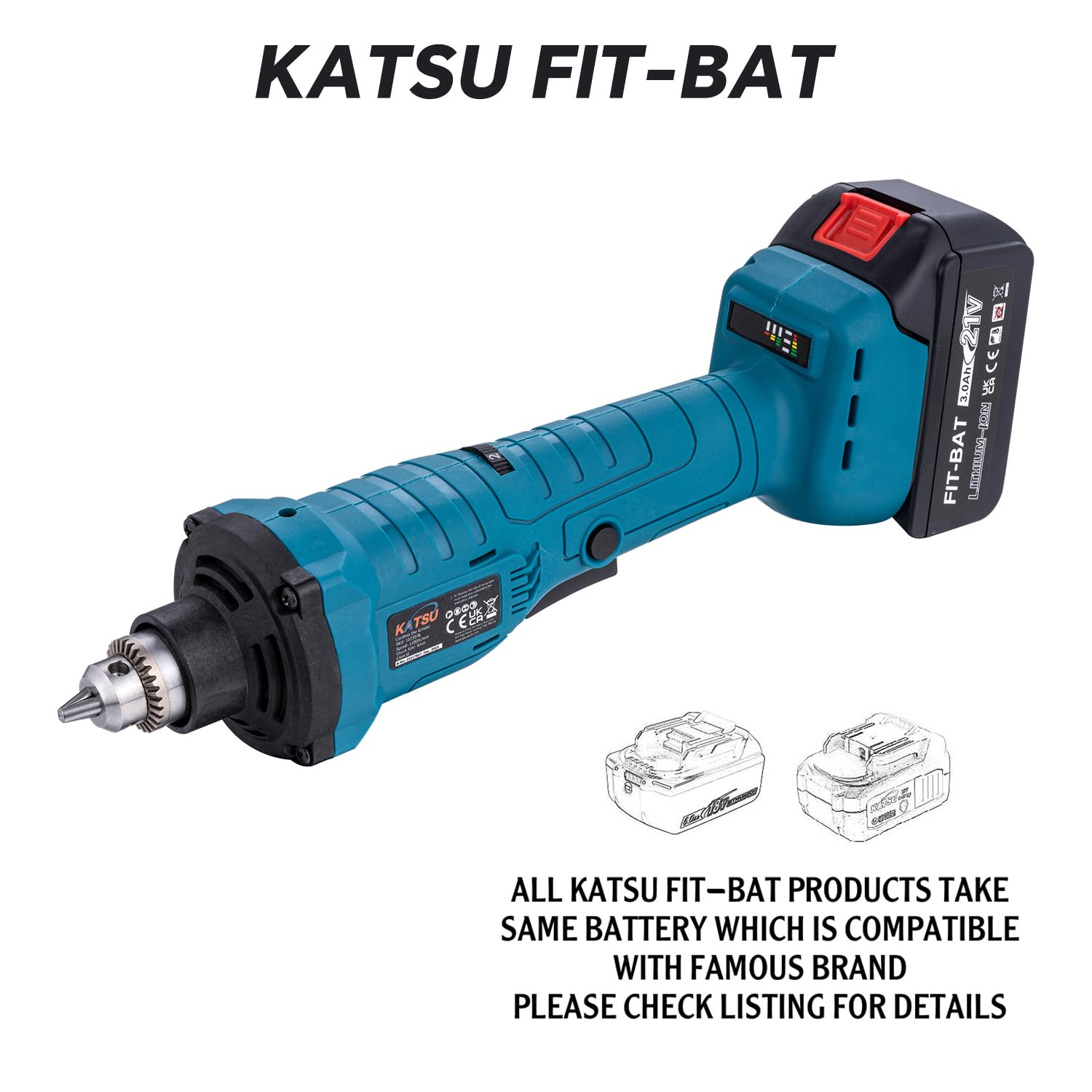 KATSU FIT-BAT 21V Meuleuse Droite sans Fil Brushless Moteur sans Balais avec 3,0 Ah Batterie et Chargeur, Mandrin de 6 mm et 6 Vitesses Variables, dans la Boîte
