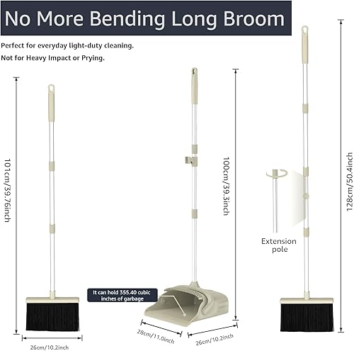 Miniatura 7 de AISHUJIE Juego combinado de escoba con recogedor  Juego de escoba y recogedor de mango largo de 52 pulgadas con dientes autolimpiantes, bandeja para